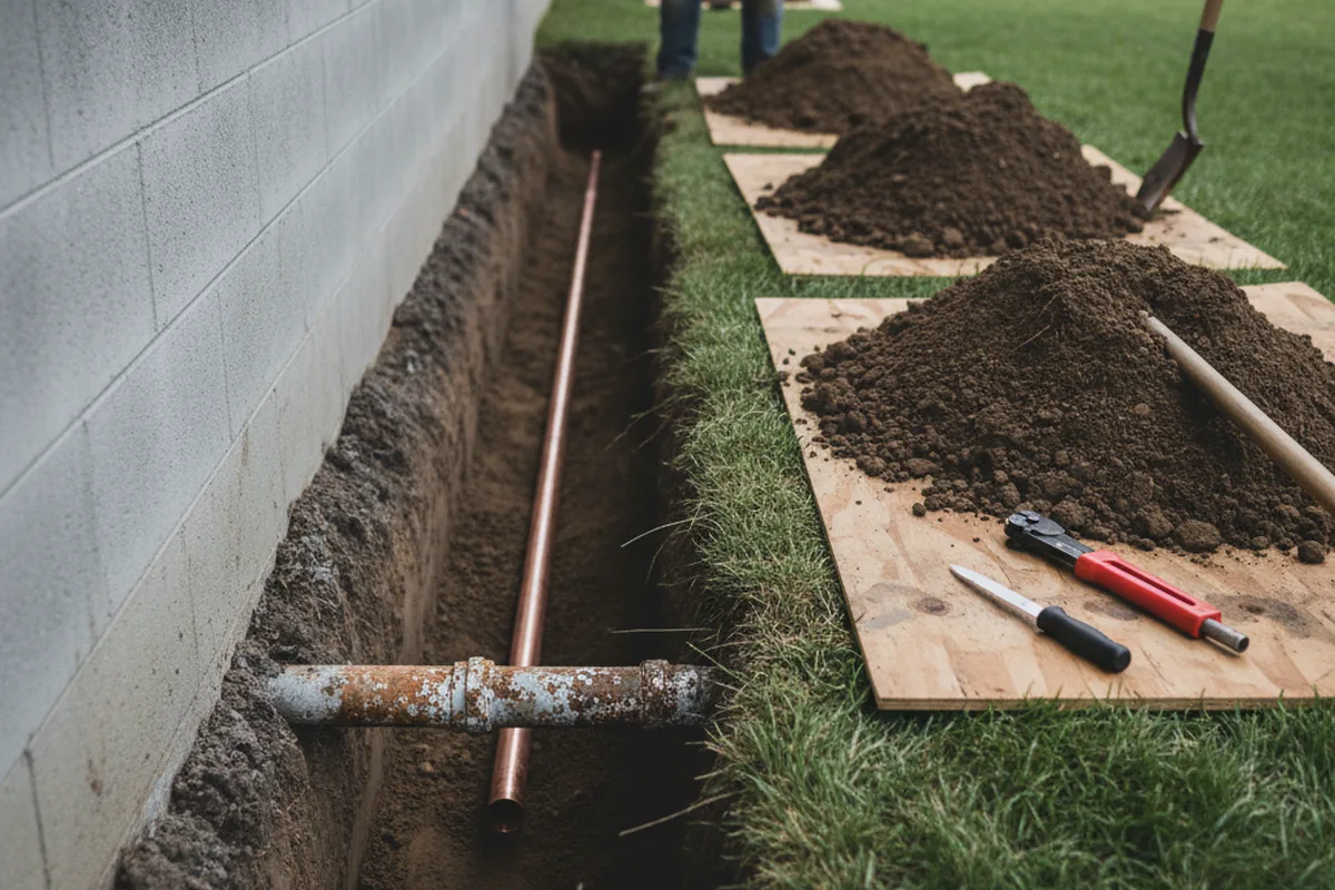 Excavated water line trench during Water Softener Installation in Camp Grove